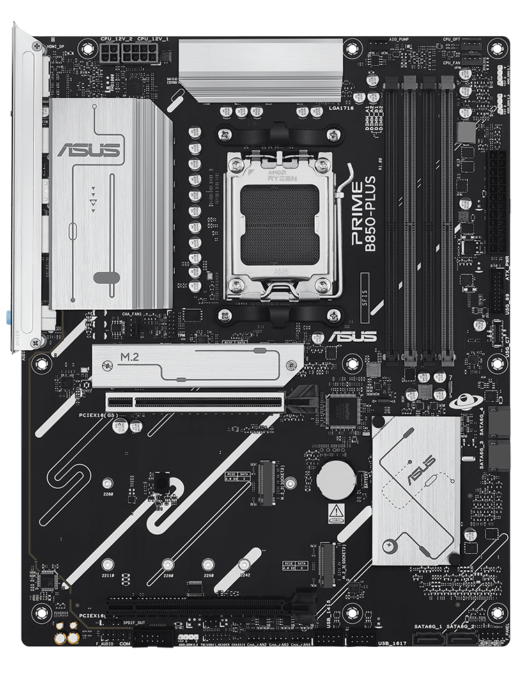 PRIME B850-PLUS-CSM motherboard front view, floating in space.