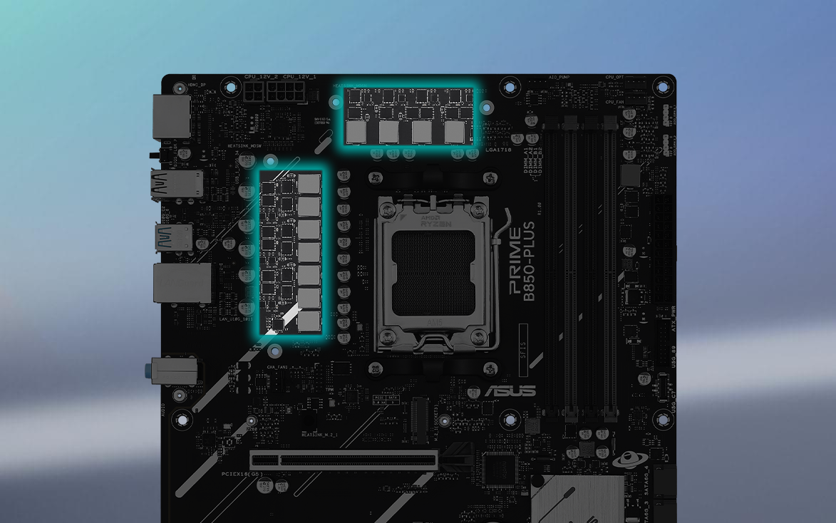 Angled top-down view of PRIME B850-PLUS-CSM motherboard.
