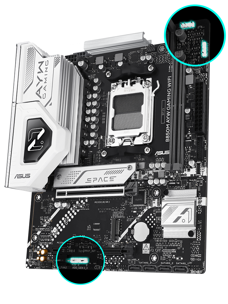 B850M AYW GAMING WIFI front view, 45 degrees.