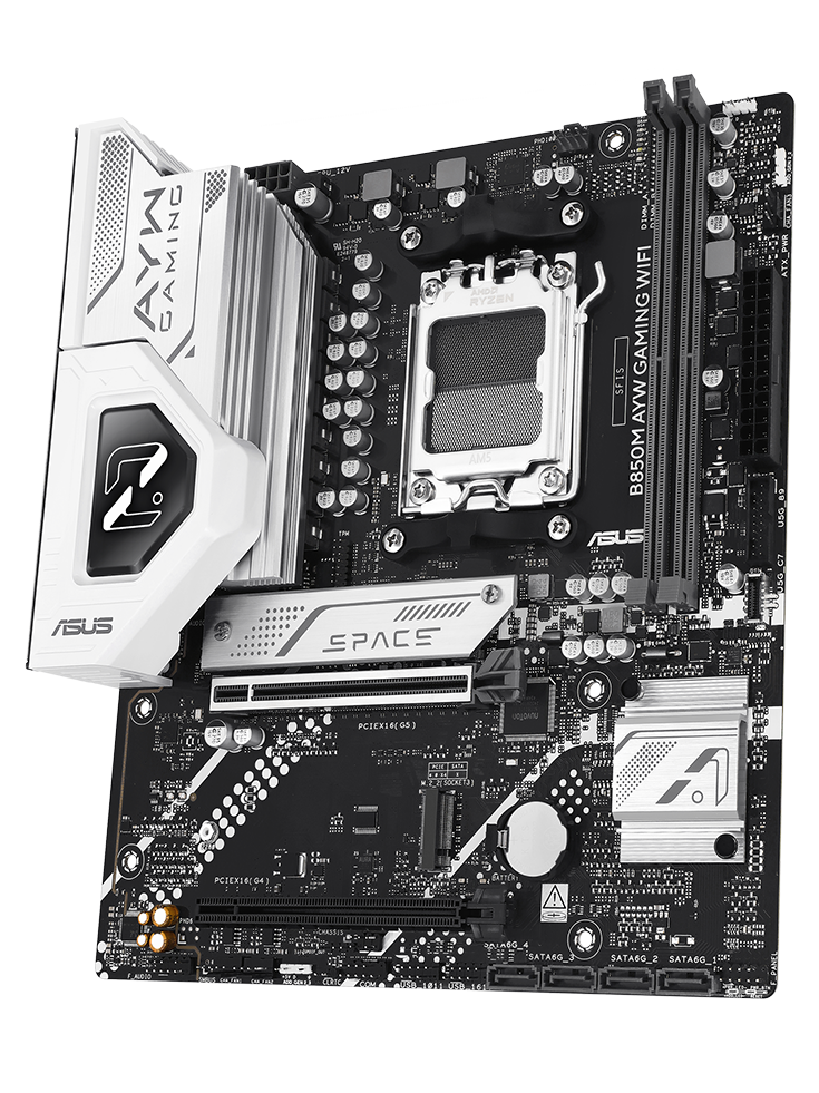 B850M AYW GAMING WIFI motherboard front view, floating in space.
