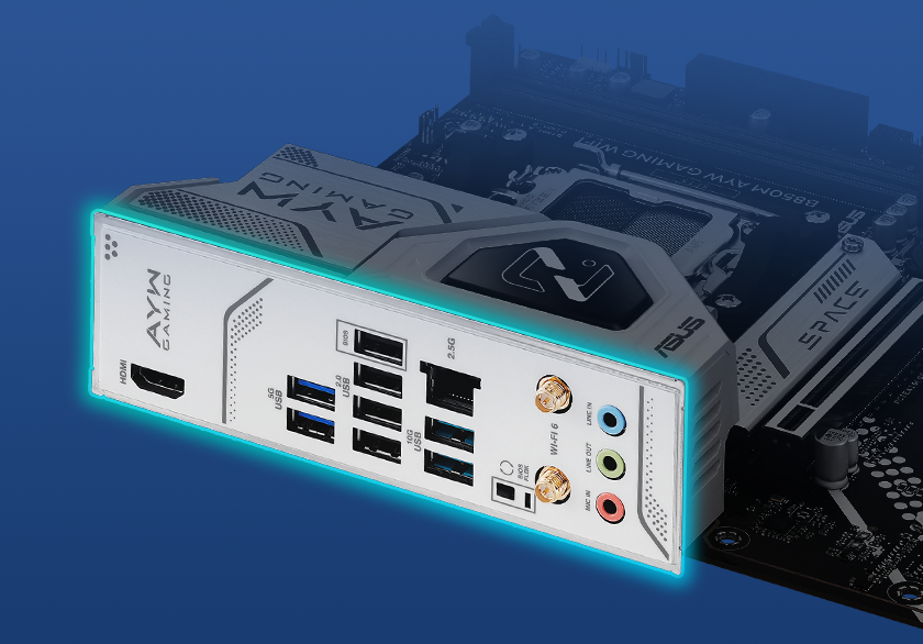 Graphic depicting the B850M AYW GAMING WIFI pre-mounted I/O Shield.