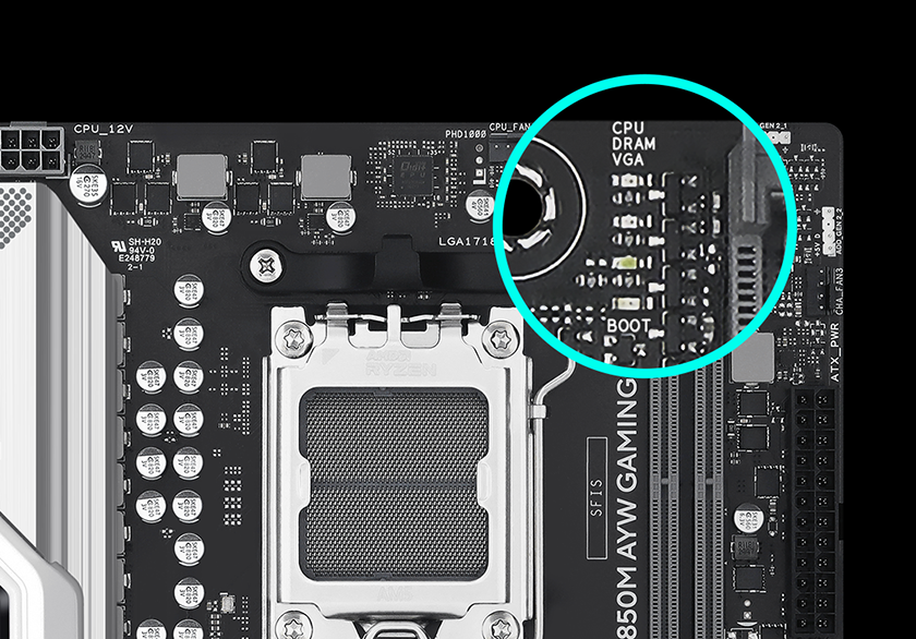 The B850M AYW GAMING WIFI motherboard features Q-LED. 
