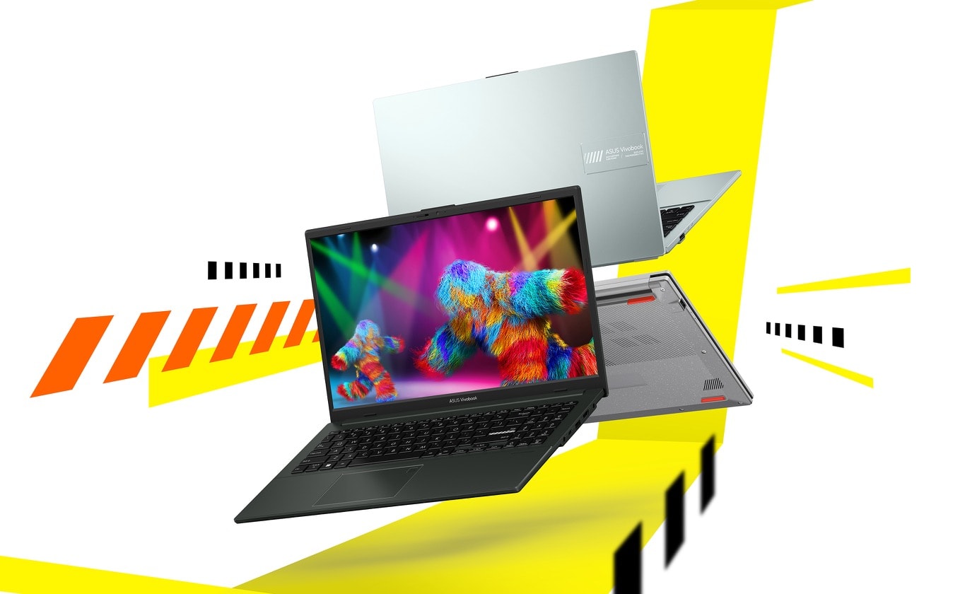 Trzy laptopy ASUS Vivobook Go 15 OLED, jeden laptop z pokazanym ekranem i klawiaturą, jeden z pokazaną pokrywą, a także jeden z zamkniętą pokrywą z pokazanym spodem. 