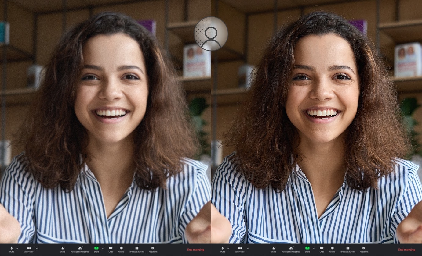 Une comparaison de deux photos de scénario d'appel vidéo montre la différence d'effet de la webcam entre avec et sans ASUS 3D Noise Reduction. 