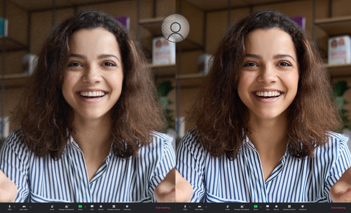 A comparison of two video call scenario photos shows the webcam effect difference between with and without ASUS 3D Noise Reduction.