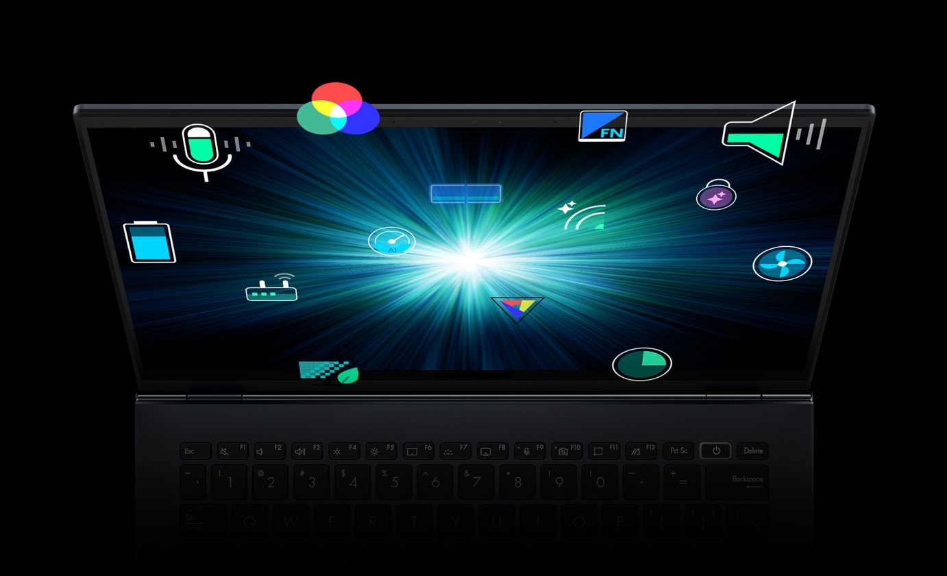 Laptop w widoku z przodu z grafiką z eksplozją gwiazdy na ekranie otoczoną ikonami aplikacji. 