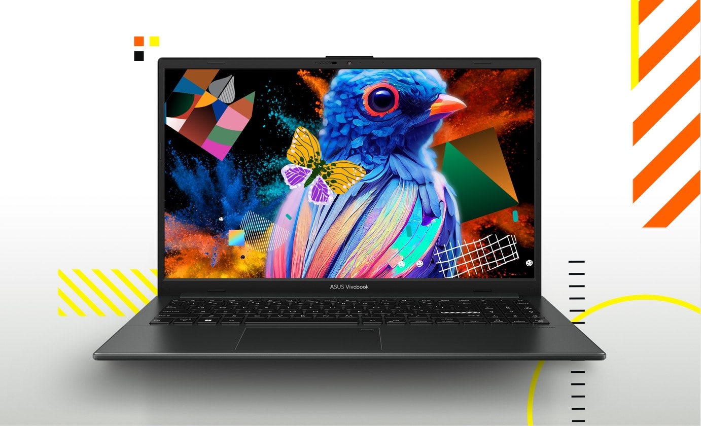 Vivobook Go 15 opened at 90 degrees, displaying a colorful wallpaper on its screen. 