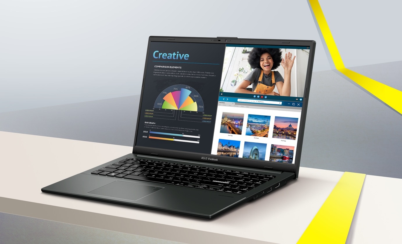 Зображено Viovbook Go 15 OLED з різними програмами на екрані: графіком, вікном браузера та відеодзвінком.