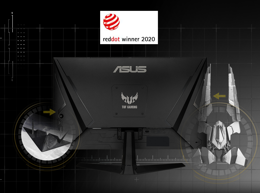 Moniteur TUF Gaming série 1A au design inspiré des chasseurs furtifs, avec logo RedDot 2020