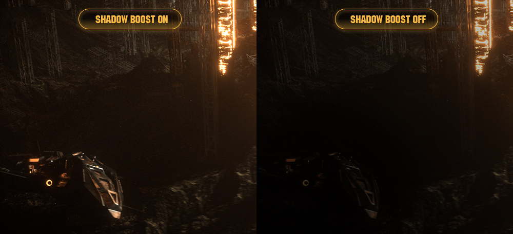 L’image de comparaison pour un moniteur doté ou non de la technologie Shadow Boost