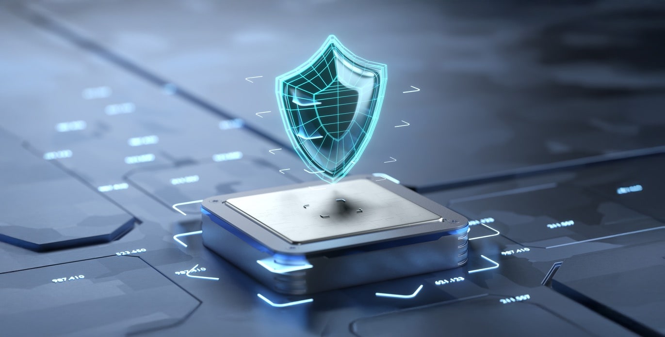 Digital shield hovers over dark circuit board for cybersecurity.