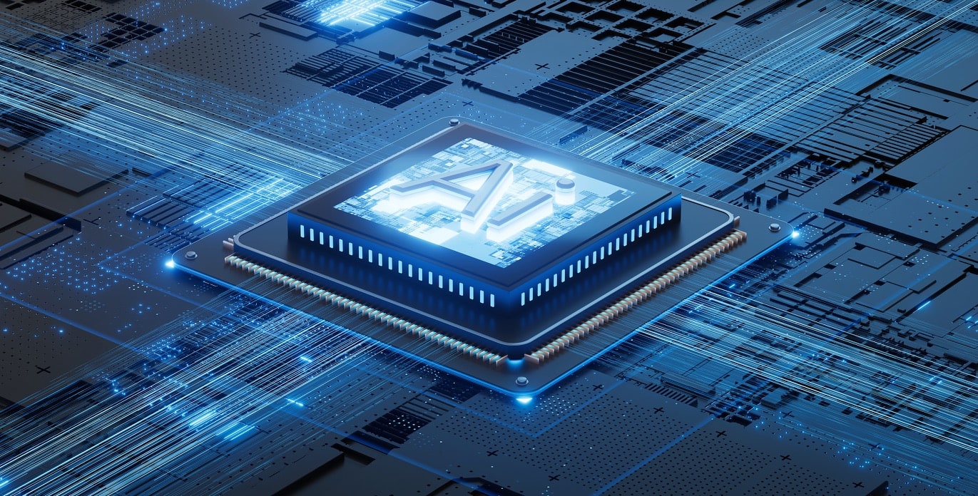 3D illustration of a glowing microchip with ‘AI’ text on a circuit board.