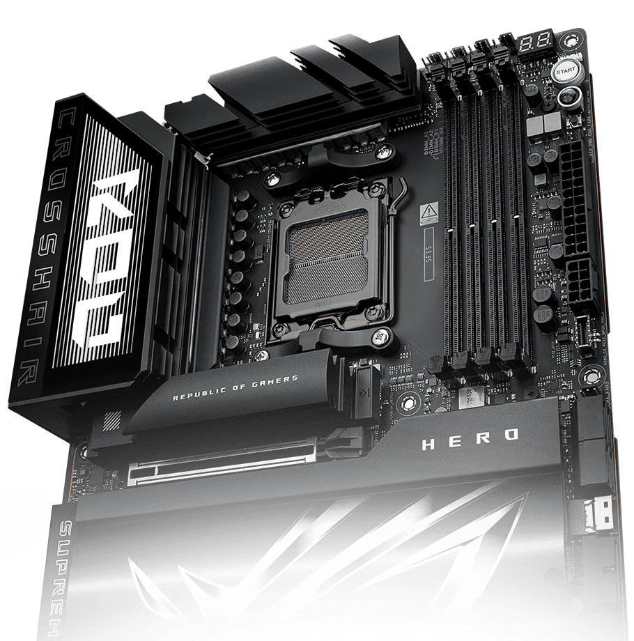 The ROG Crosshair X870E Hero features Aura Sync.