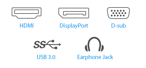 O BE24EQSB apresenta um conjunto de opções de conectividade que incluem HDMI, DisplayPort, DVI-D, D-sub e duas portas USB 3.0.