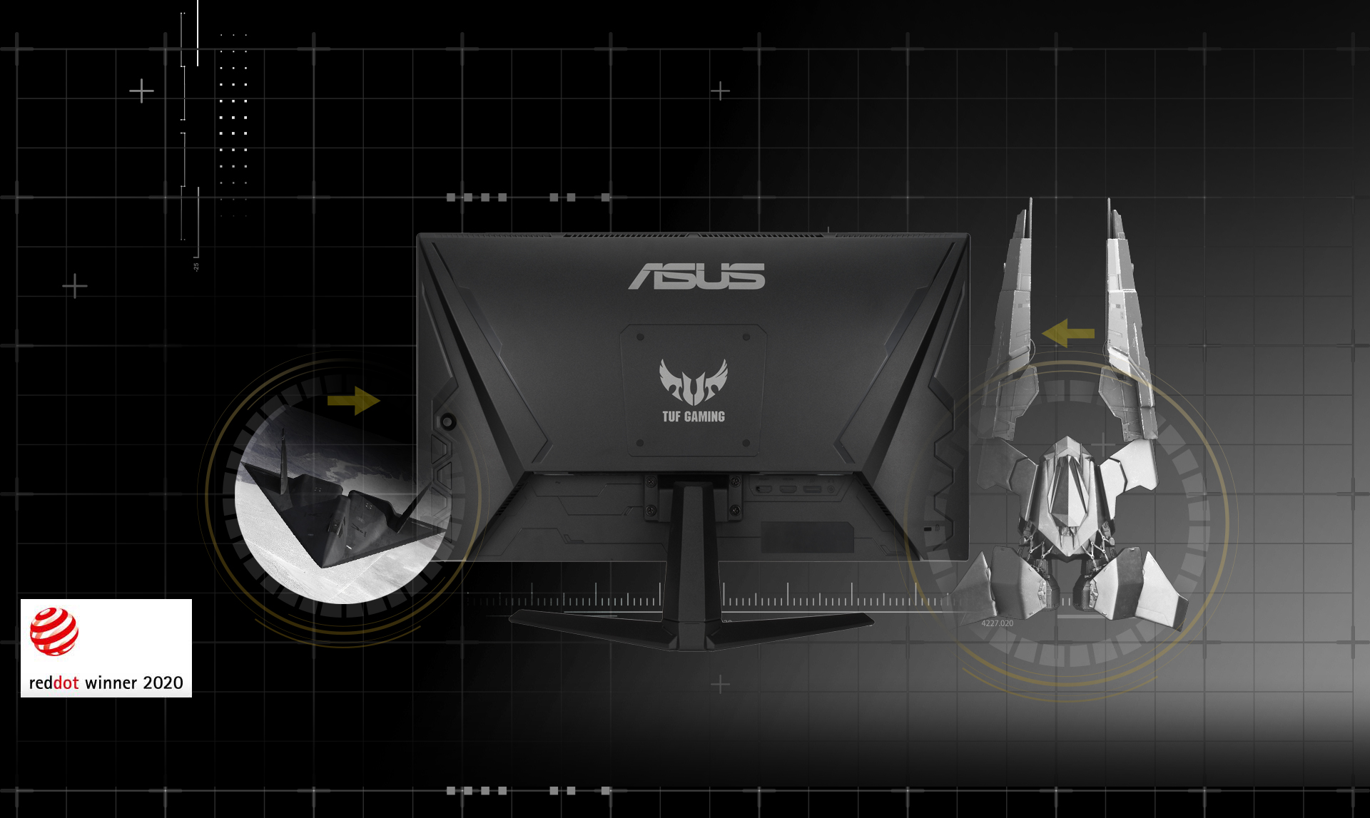 TUF Gaming 1A series monitor with stealth fighter inspired design, with 2020 Reddot winner logo