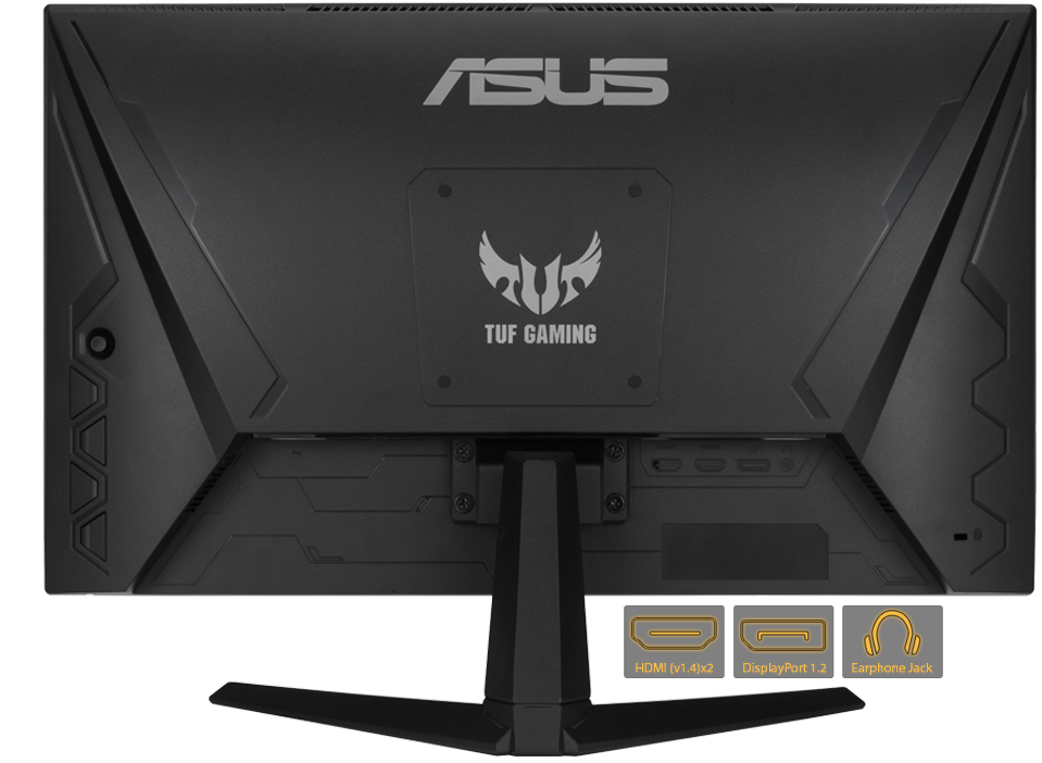 TUF Gaming 1A series monitor with rich connectivity(HDMI(V1.4), DisplayPort1.2 and Earphone Jack icons)