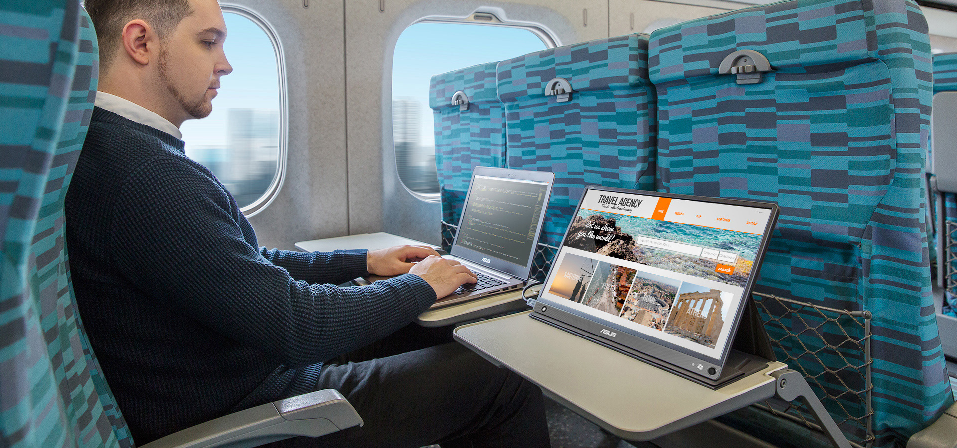 A man uses ZenScreen Go MB16AHP on the go in the transportation