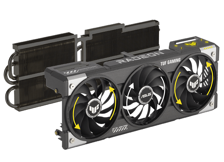 Graphics card fans with arrows indicating different directions of spin