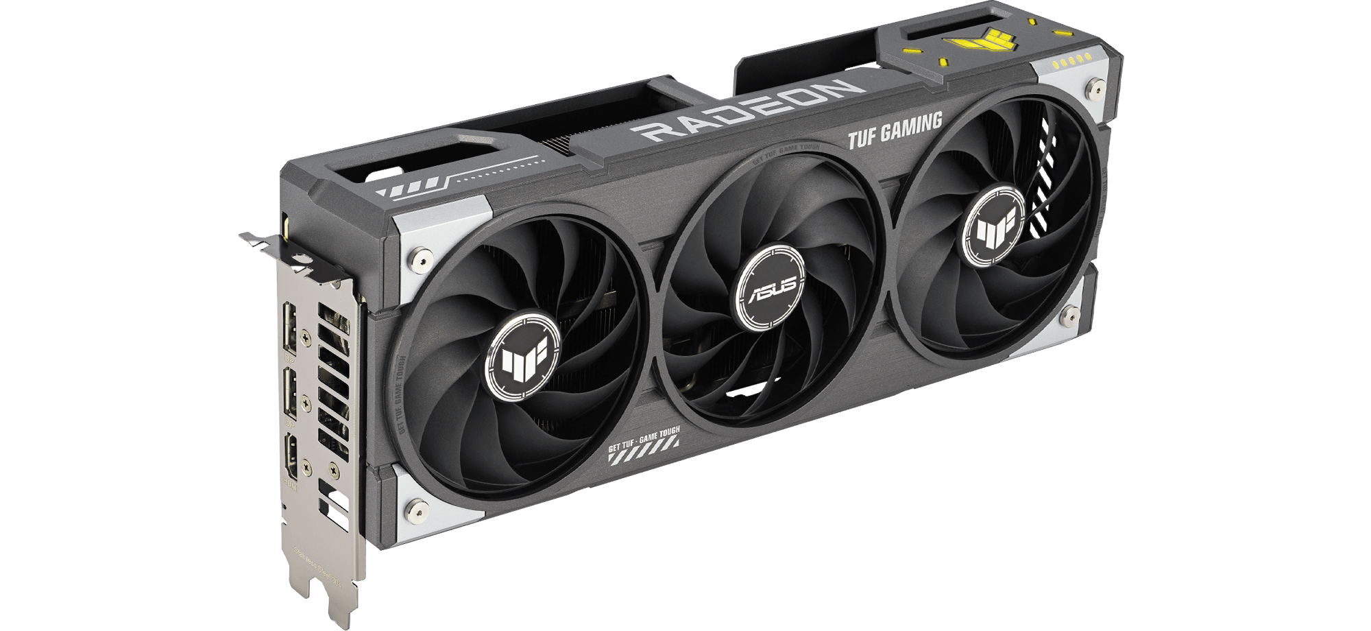 Angled front view of TUF Gaming Radeon RX 9060 XT showing triple fans and ARGB lighting