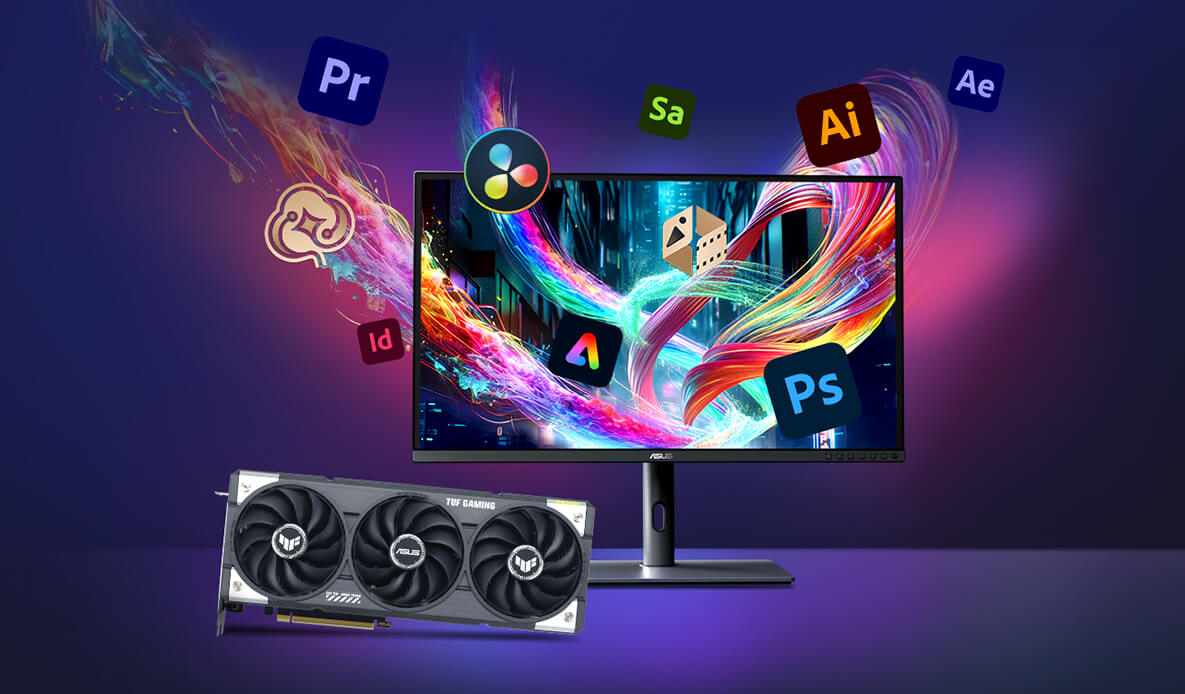 Monitor and TUF Gaming Radeon RX 9060 XT graphics card on a desk, with Adobe product logos floating around the monitor