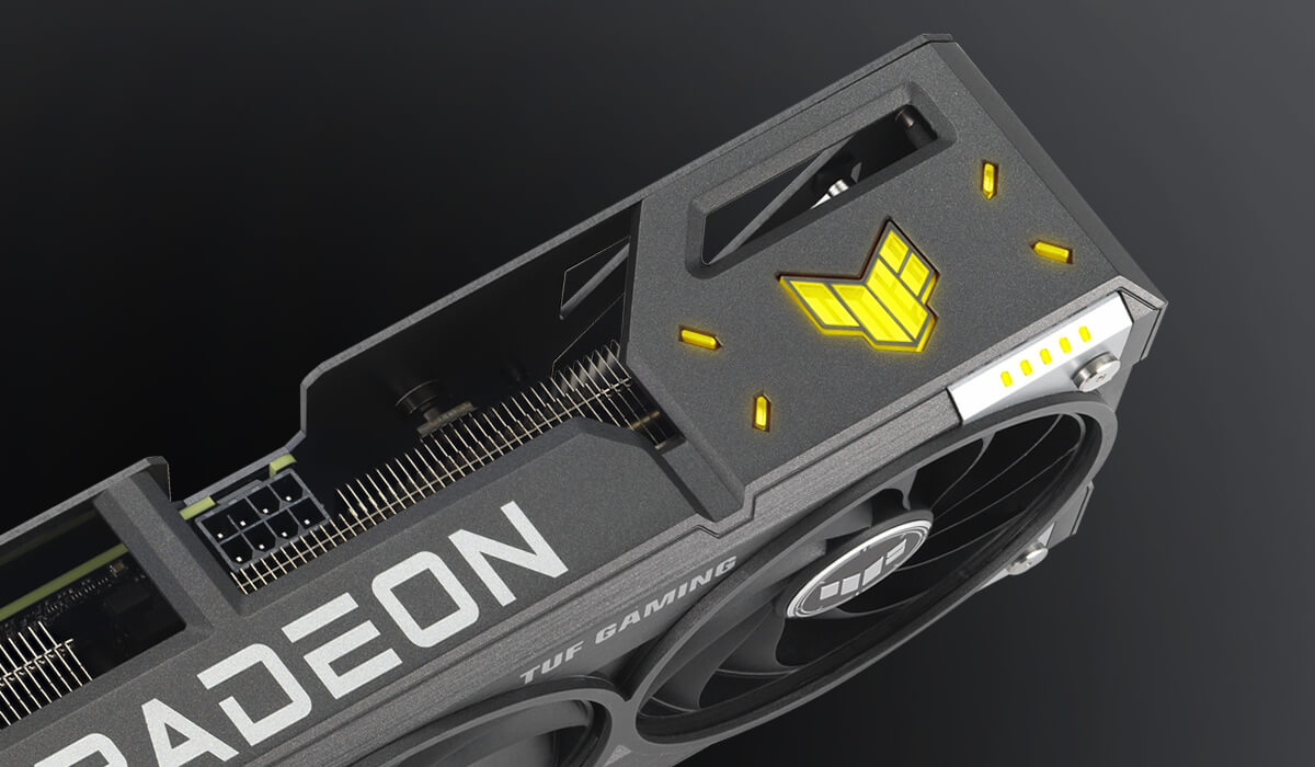Angled closeup of the ASUS TUF Gaming Radeon RX 9060 XT graphics card, highlighting the ARGB elemen