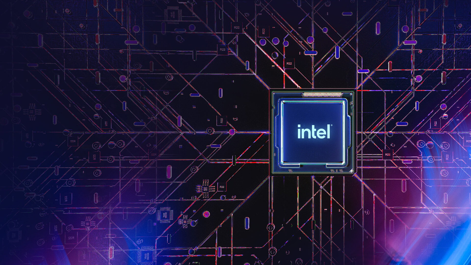 Процесор Intel лежить на стилізованій фіолетовій материнській платі, до нього тече електричний струм