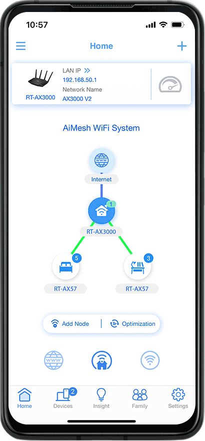 ASUS router app and AiMesh topology user interfaces