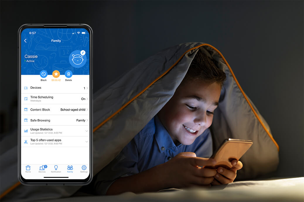 Child uses a smartphone while parent monitors with ASUS parental controls user interface