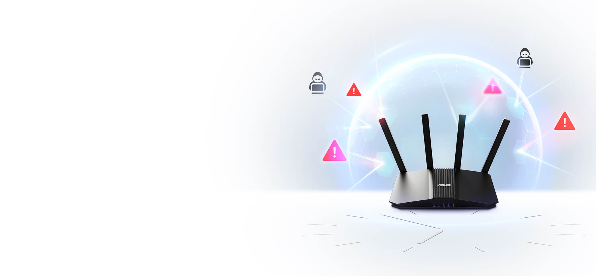 Rozszerzalny router ASUS RT-BE58U, przedstawiony z tarczą przed kilkoma ikonami cyberzagrożeń i zegarem pod spodem, wskazuje na ochronę 24/7.