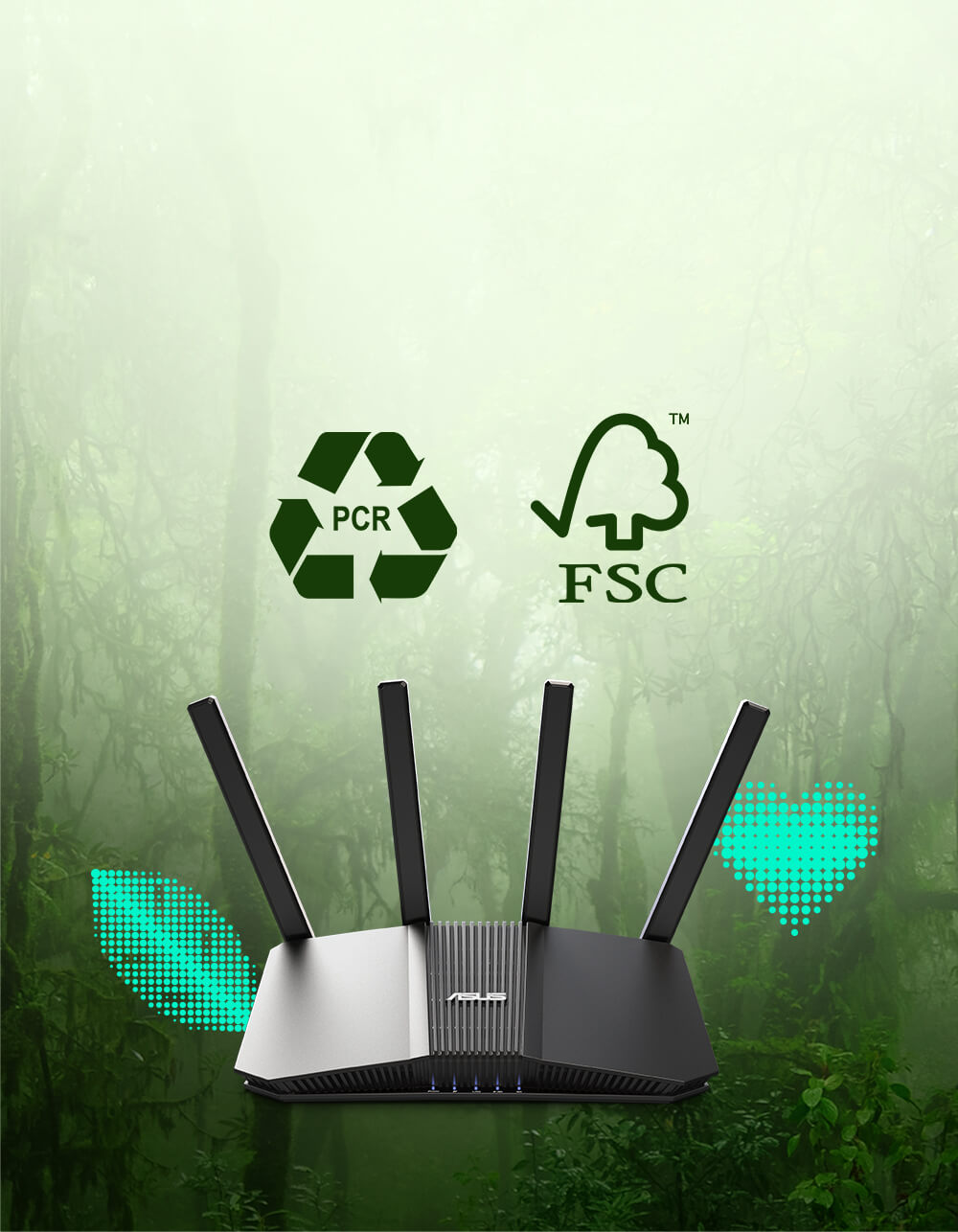 Czarny router WiFi 7 z czterema antenami na tle lasu. Ikony recyklingu PCR i certyfikatu FSC podkreślają ekologiczny design.