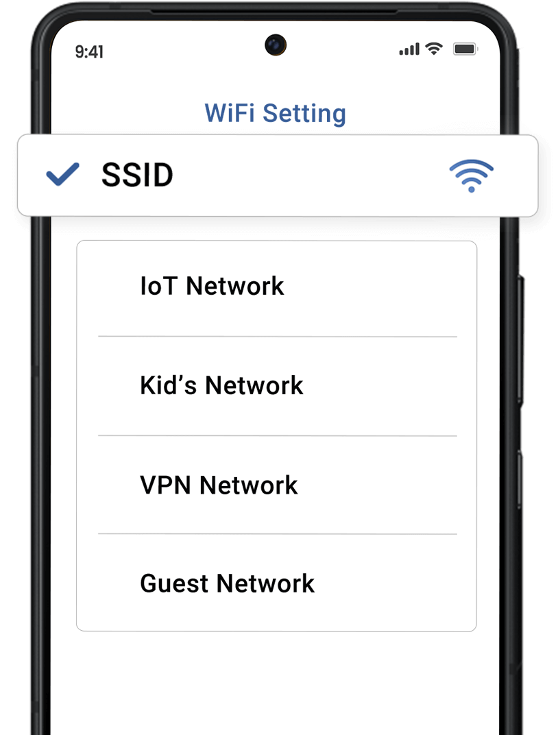 Ekran smartfona wyświetlający ustawienia WiFi z opcjami: SSID, sieć IoT, sieć dla dzieci, sieć VPN i sieć dla gości