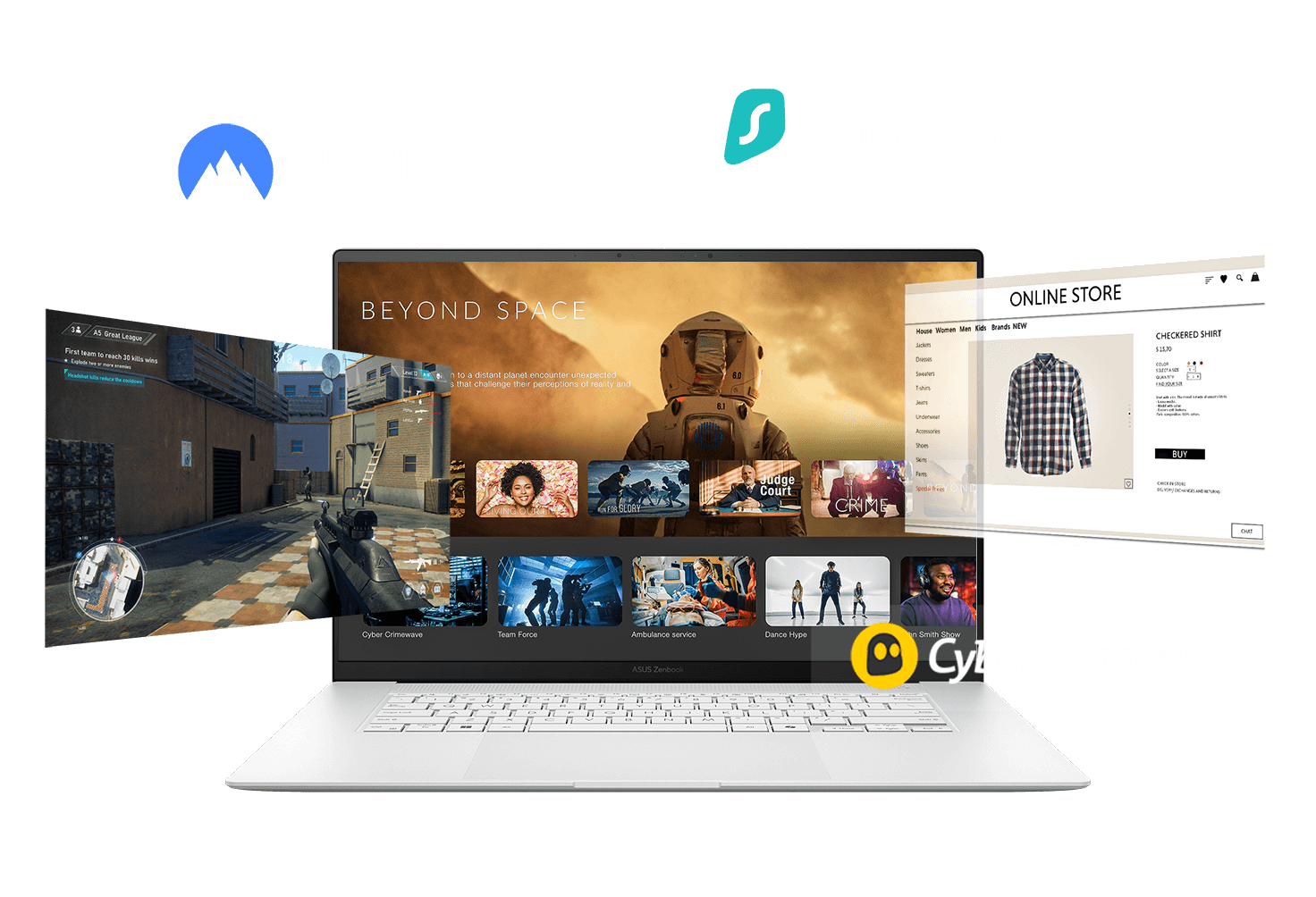 Laptop wyświetla różne ekrany: do gier, przesyłania strumieniowego i zakupów. Logo NordVPN, Surfshark i CyberGhost pojawiają się powyżej, sugerując bezpieczne połączenie internetowe