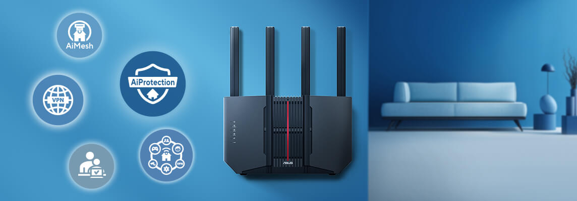 Elegancki czarny router WiFi 7 jest zamontowany na niebieskiej ścianie, obok ikon AiMesh, AiProtection, Smart Home Master, zaawansowanej kontroli rodzicielskiej i VPN. Niebieska kanapa w tle.