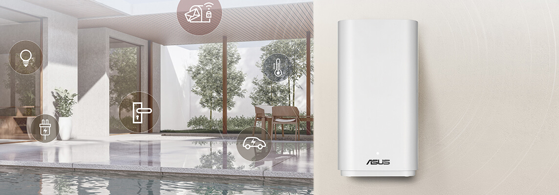 Wyrafinowane wnętrze domu i basenu z białą siatką zewnętrzną WiFi 7 na ścianie. Ikony inteligentnych domowych urządzeń IoT nakładają się na obraz, sugerując płynną łączność.
