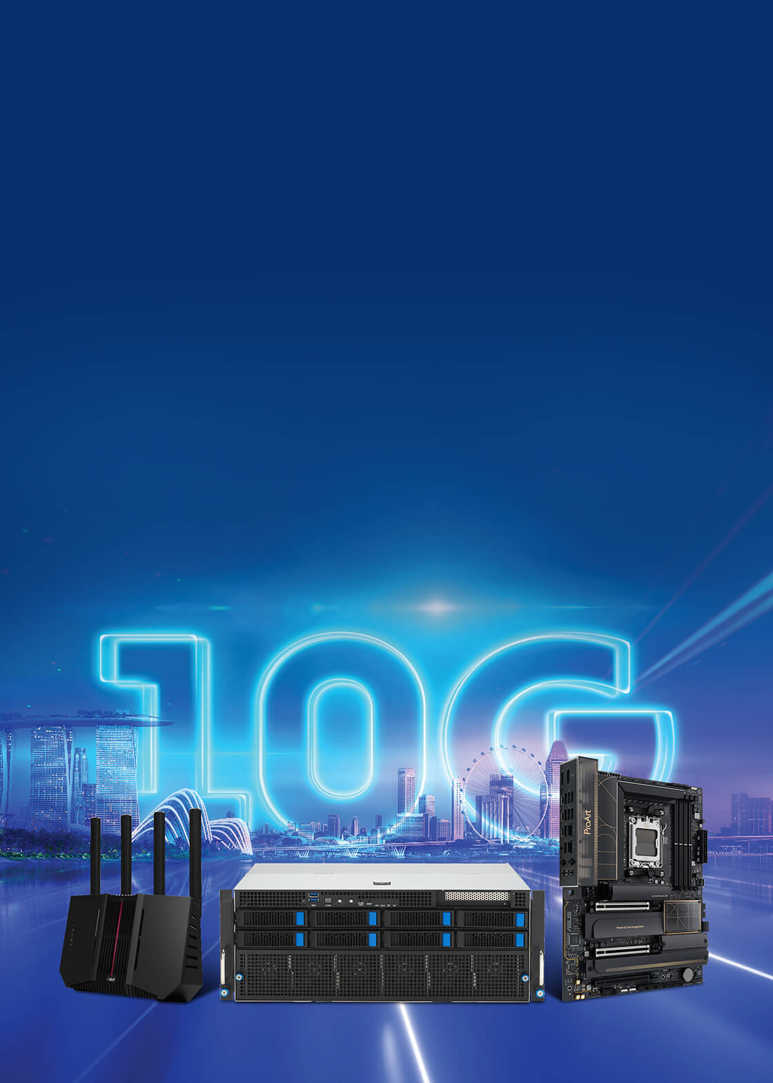 Futurystyczny krajobraz miejski ze świecącym tekstem "10G" w tle. Na pierwszym planie znajduje się router WiFi 10G, serwer AI i płyta główna 10G.