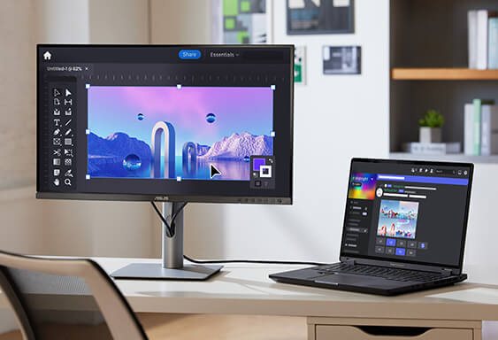 Monitor komputera i laptop na biurku wyświetlają tętniącą życiem sztuczną inteligencję w nowoczesnym miejscu pracy.