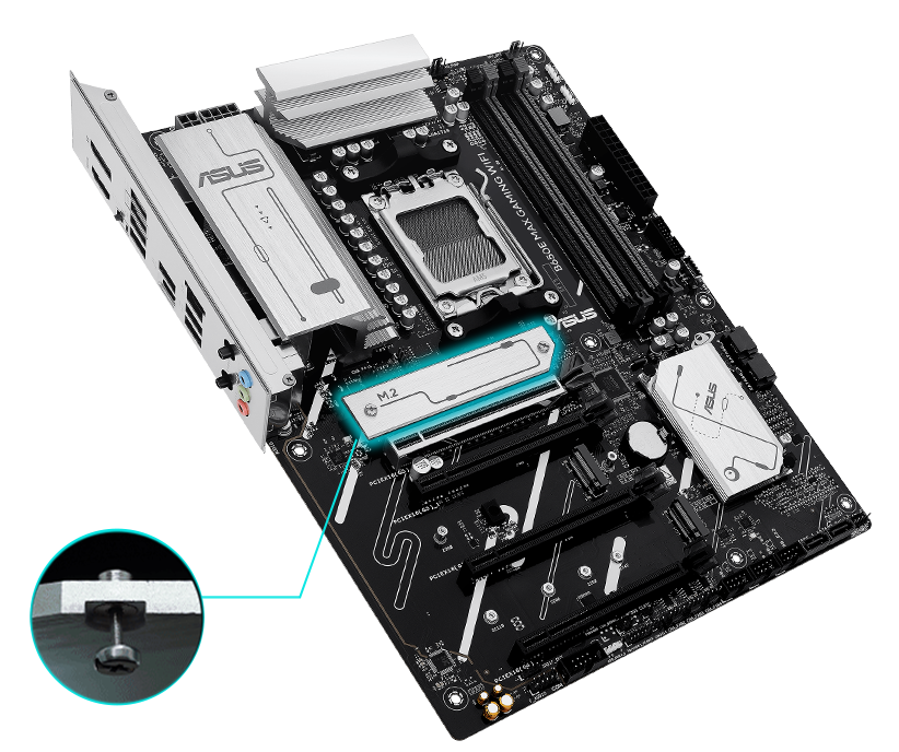 The B650E MAX GAMING WIFI motherboard offers M.2 heatsinks.