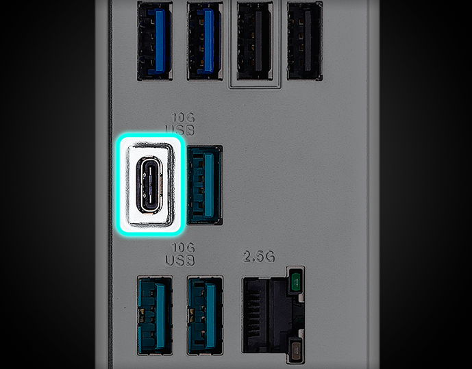 The B650E MAX GAMING WIFI motherboard features USB 10Gbps Type-C®