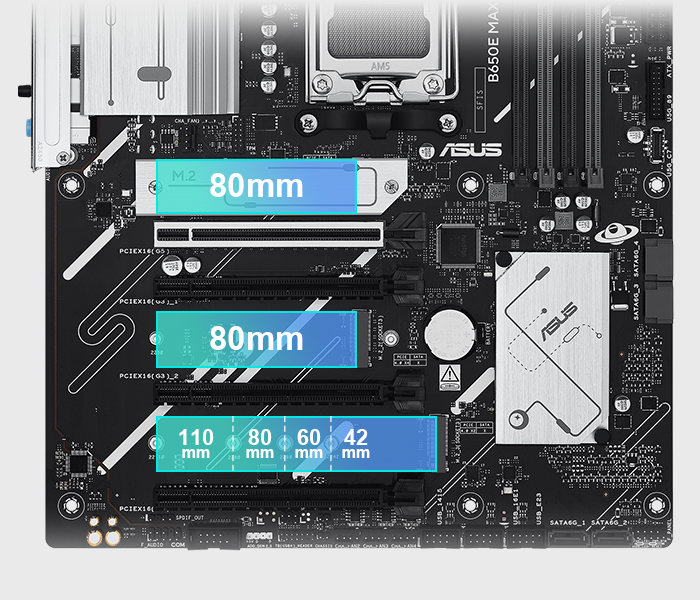 The B650E MAX GAMING WIFI motherboard supports PCIe 5.0 M.2 Support.