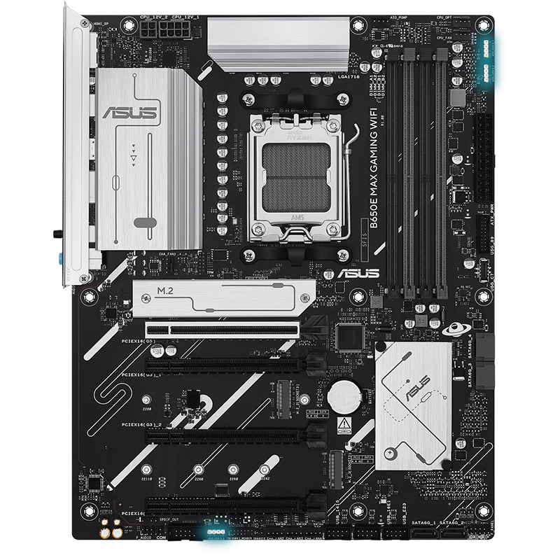 The B650E MAX GAMING WIFI motherboard features Aura Sync. 