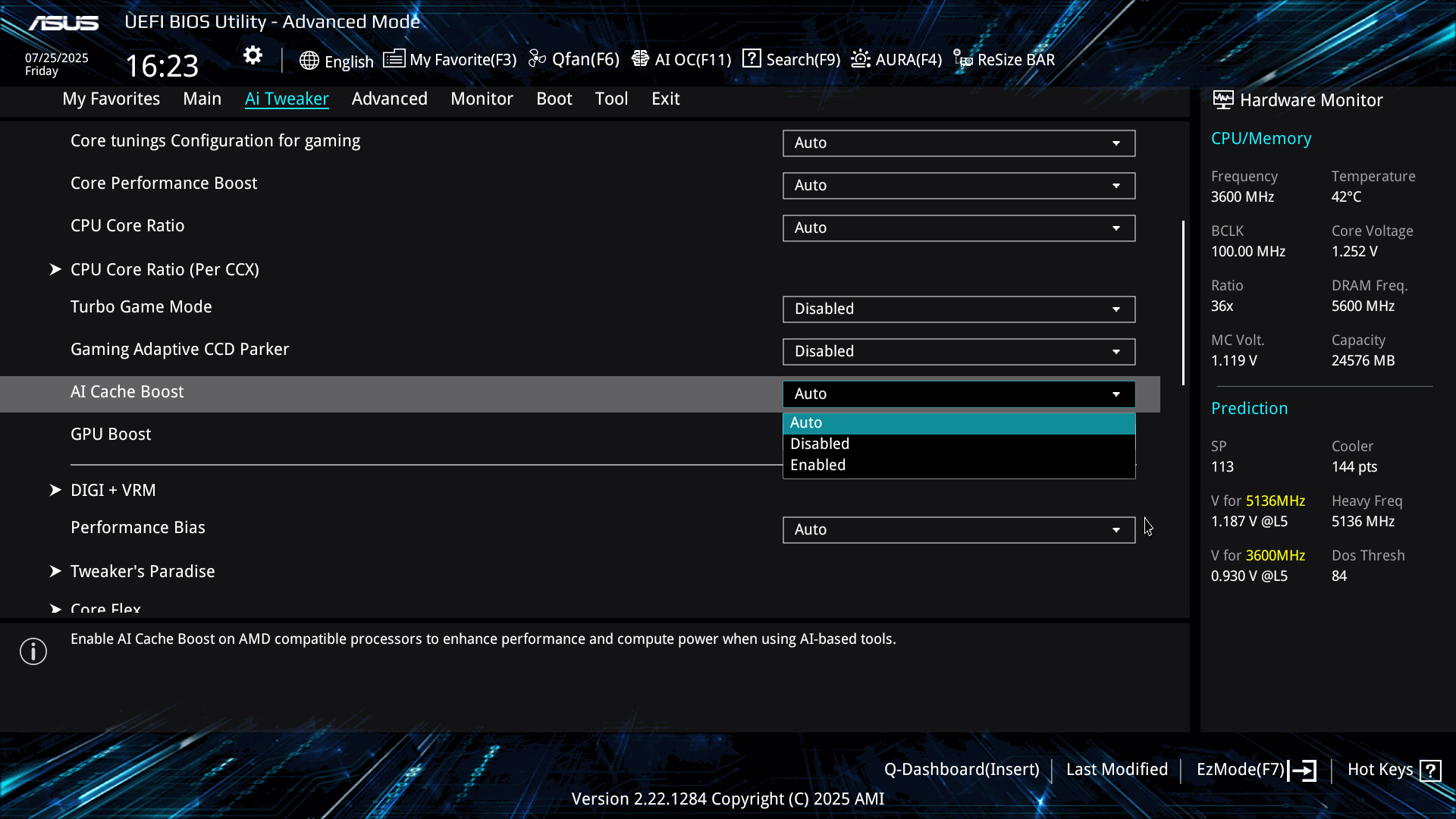 BIOS screenshot showing the menu to enable AI Cache Boost