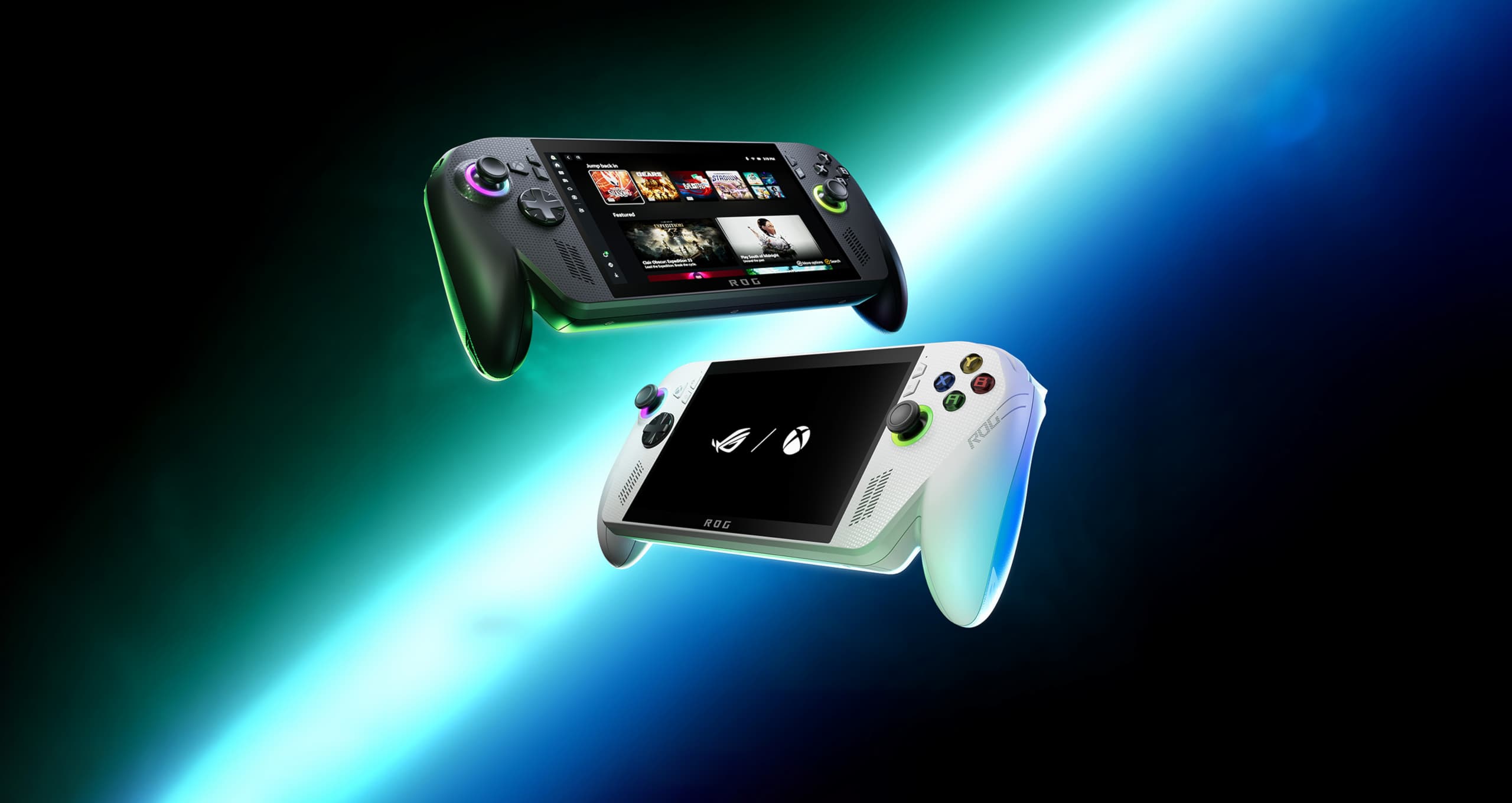 The ROG Xbox Ally and ROG Xbox Ally X flying on the blue-green gradient background with a white slash.