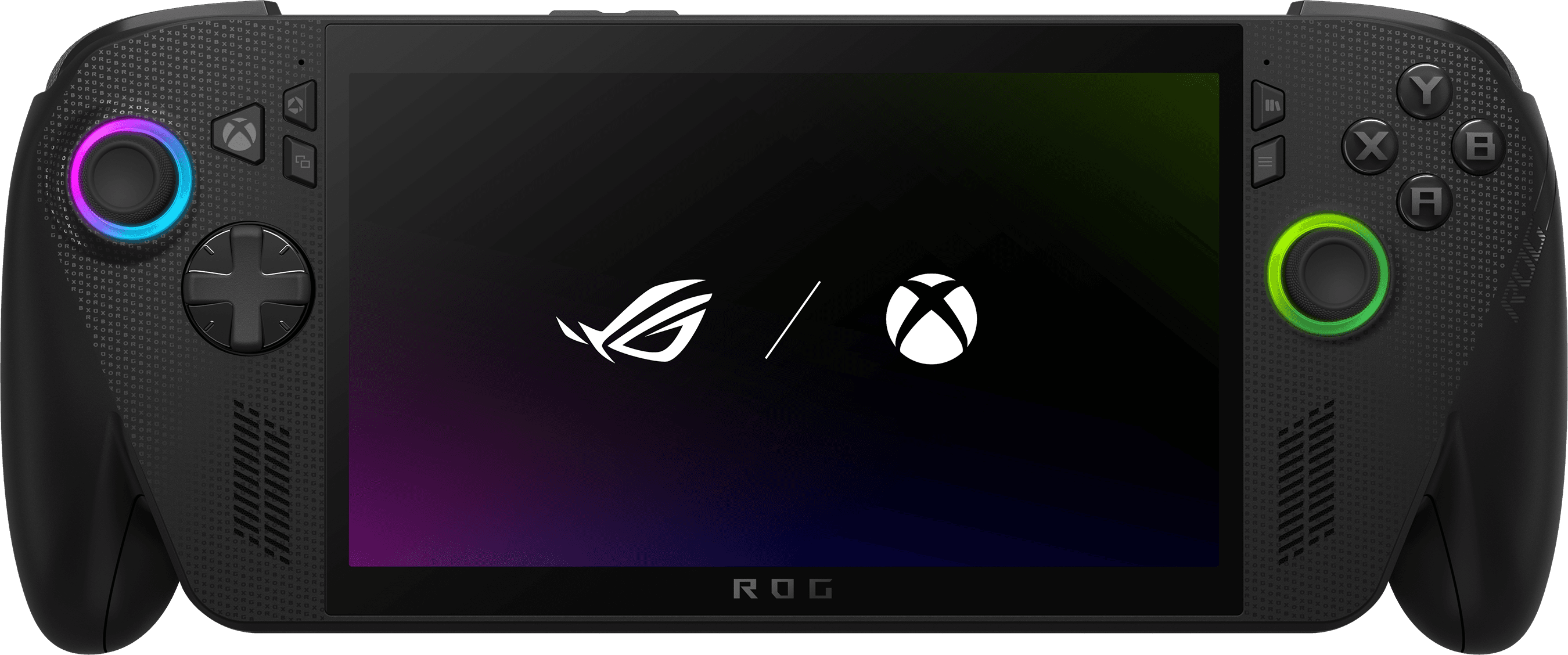 A close-up view of the ROG Xbox Ally X, with Game Pass visible on screen.