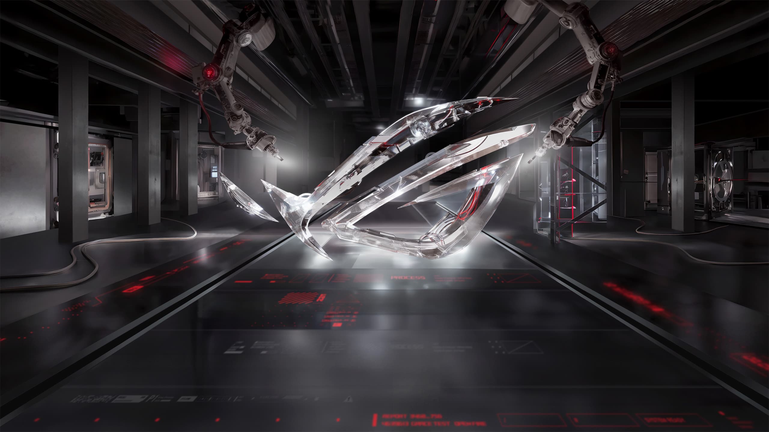 Two robotic arms assembling a transparent, high-tech ROG (Republic of Gamers) logo with red accents in a futuristic industrial lab environment.