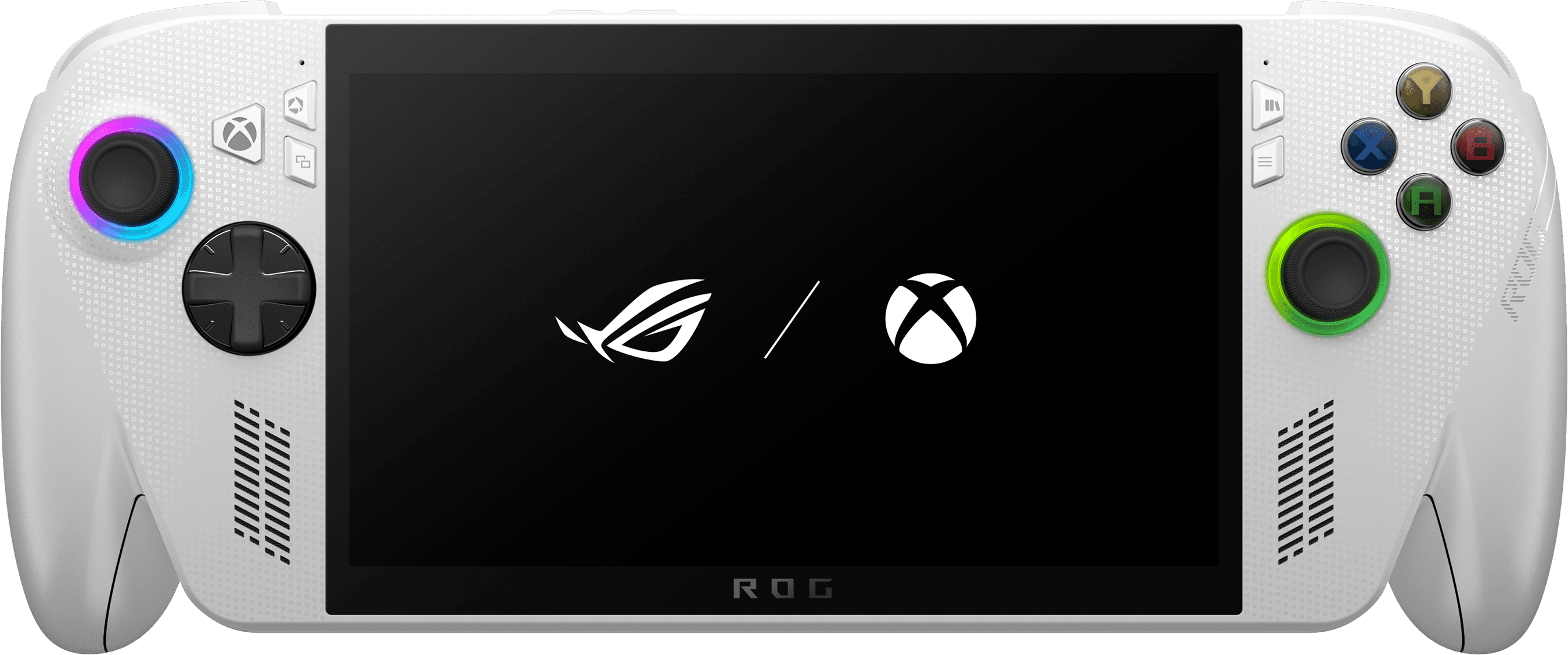 Primo piano di ROG Xbox Ally X, con Game Pass visibile sullo schermo.