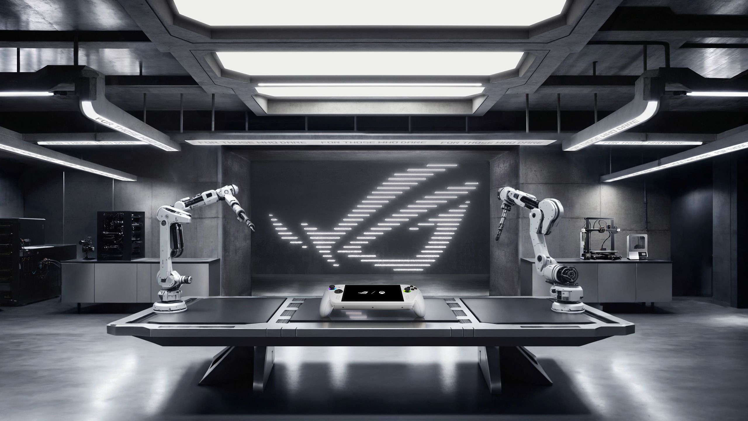 Two robotic arms assembling a transparent, high-tech ROG (Republic of Gamers) logo with red accents in a futuristic industrial lab environment.