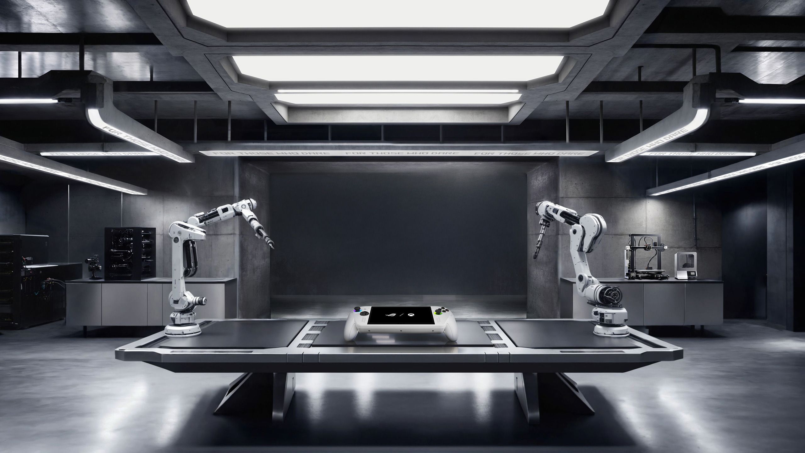 Two robotic arms assembling a transparent, high-tech ROG (Republic of Gamers) logo with red accents in a futuristic industrial lab environment.