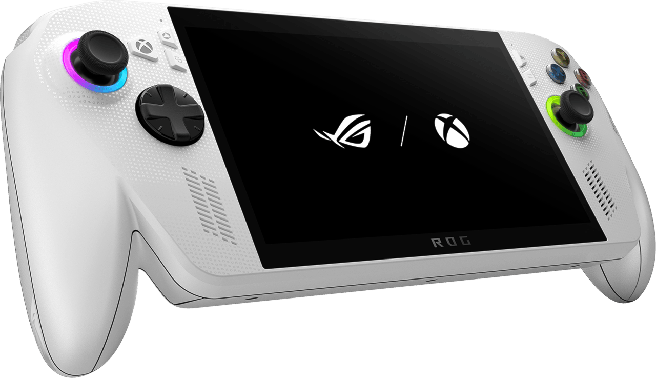 Links een ROG Xbox Ally. Beide machines hebben het ROG- en Xbox-logo op de schermen en staan een beetje schuin.