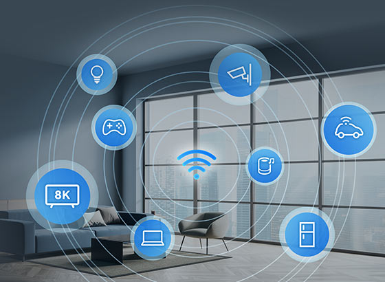 Smart home device icons float in the air over an image of an office lobby, with a WiFi symbol in the middle of the icons