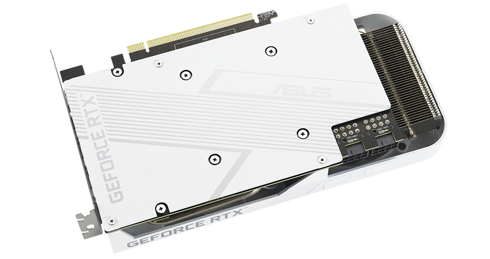Plaque arrière de la carte graphique ASUS Dual GeForce RTX 3060 Ti White Edition.
